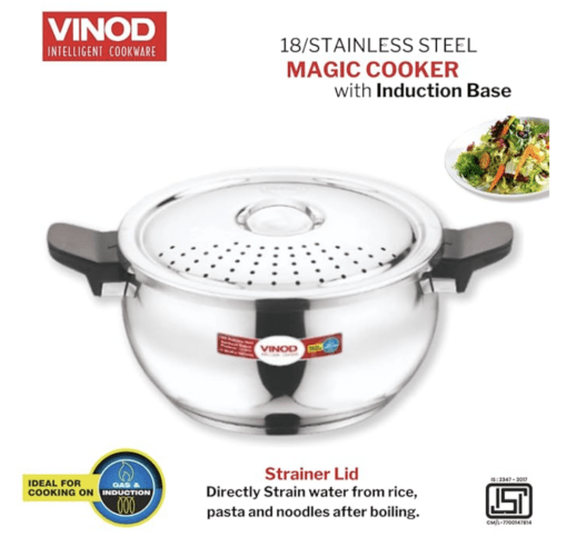 Vinod Magic Stainless Steel Smart 3 in 1 Pressure Cooker 3.5 Litre | 5mm Thick Base | All in One Cooker with Strainer & Glass Lid | Induction and Gas Base | ISI certified | 2 Years Warranty - Image 3